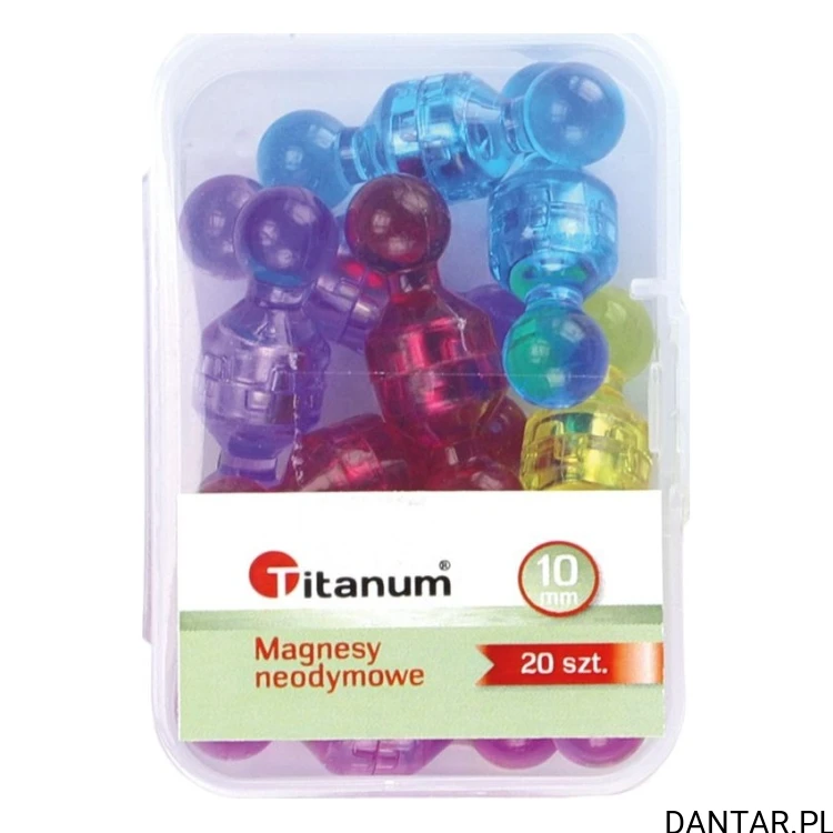 Przezroczyste pudełko Titanum z 20 kolorowymi magnesami neodymowymi 10 mm i etykietą liczby sztuk