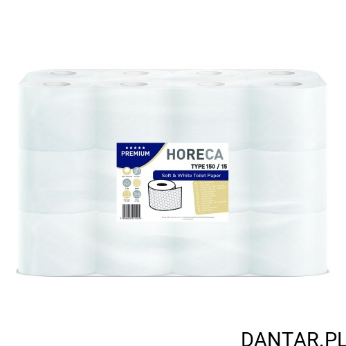 Opakowanie 24 białych rolek papieru HoReCa Premium typ 150/15 z etykietą 3 warstwy