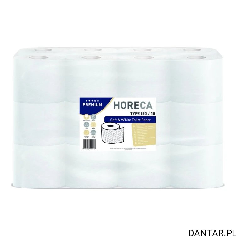 Opakowanie 24 białych rolek papieru HoReCa Premium typ 150/15 z etykietą 3 warstwy