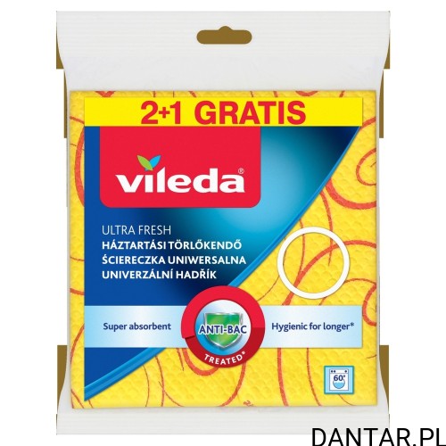 Opakowanie trzech żółtych ściereczek Vileda Ultra Fresh z oznaczeniem 2+1 gratis