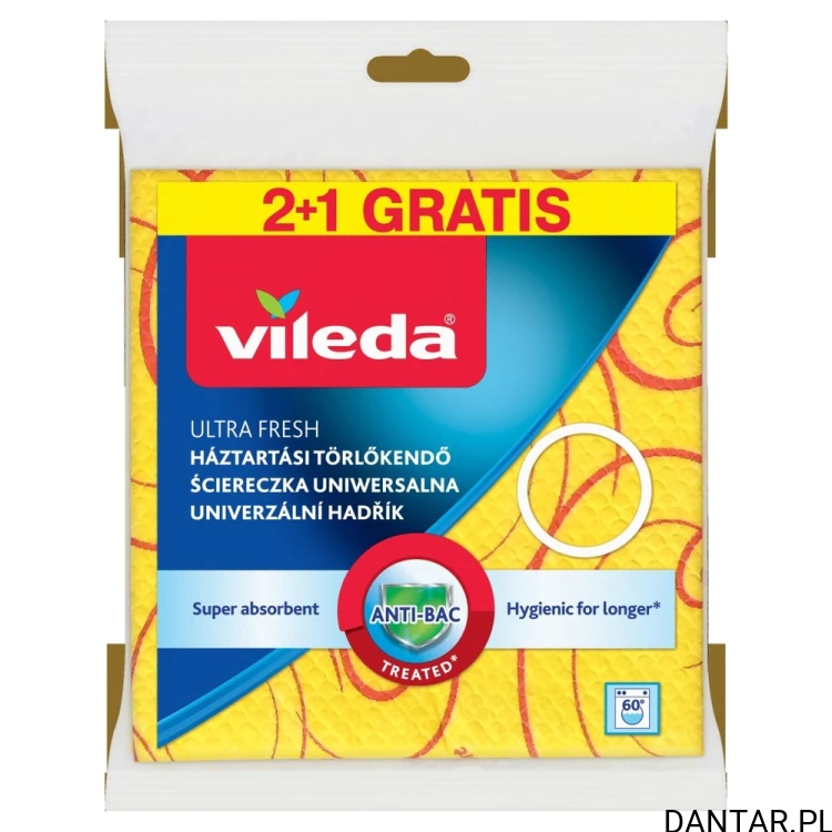 Opakowanie trzech żółtych ściereczek Vileda Ultra Fresh z oznaczeniem 2+1 gratis