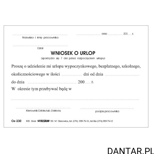 Przód formularza Wniosek o urlop K-50 A6 Stolgraf
