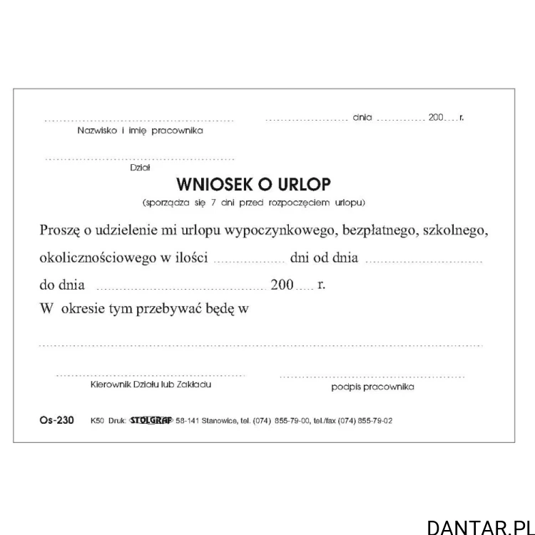 Przód formularza Wniosek o urlop K-50 A6 Stolgraf