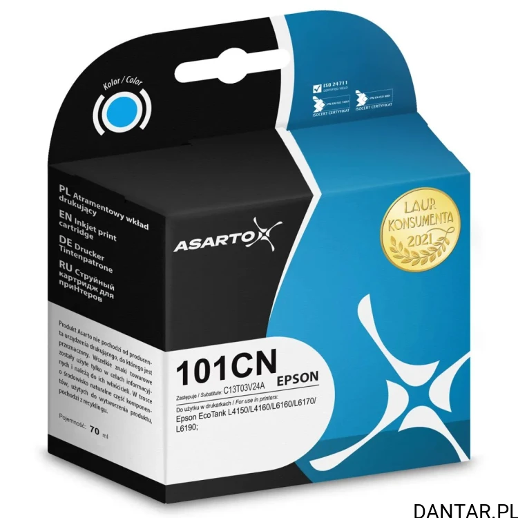 Tusz Asarto do Epson 101 C13T03V24A błękitny/cyan 70 ml AS-E101CN a1