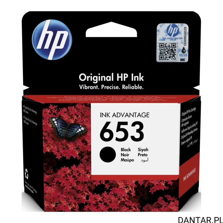 Pudełko oryginalnego czarnego tuszu HP 653 Ink Advantage z motywem motyla na czerwonych kwiatach