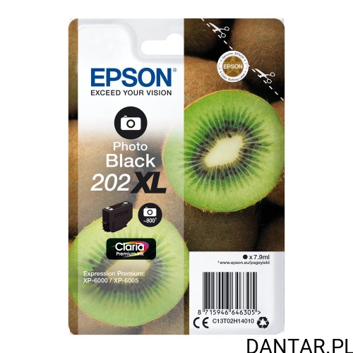 Przód pojedynczego opakowania Epson202XL Kiwi,czarny fotograficzny,7,9ml