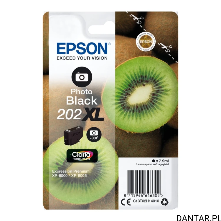 Przód pojedynczego opakowania Epson202XL Kiwi,czarny fotograficzny,7,9ml