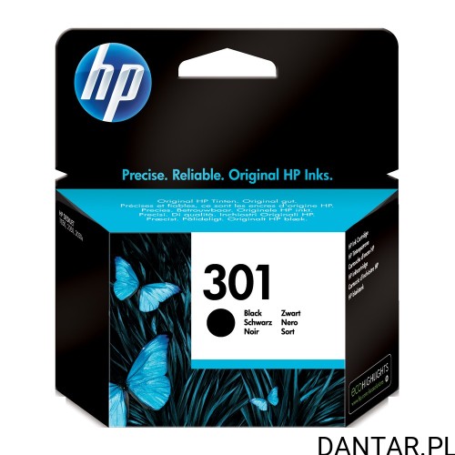 Pudełko oryginalnego czarnego tuszu HP 301 CH561EE z motywem niebieskiego motyla