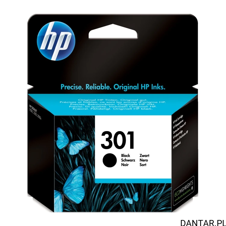Pudełko oryginalnego czarnego tuszu HP 301 CH561EE z motywem niebieskiego motyla