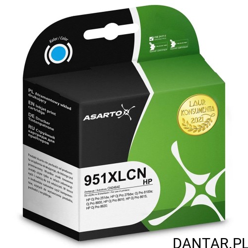 Opakowanie tuszu Asarto AS-H951XLCN do HP CN046AE, kolor cyjan (błękitny)
