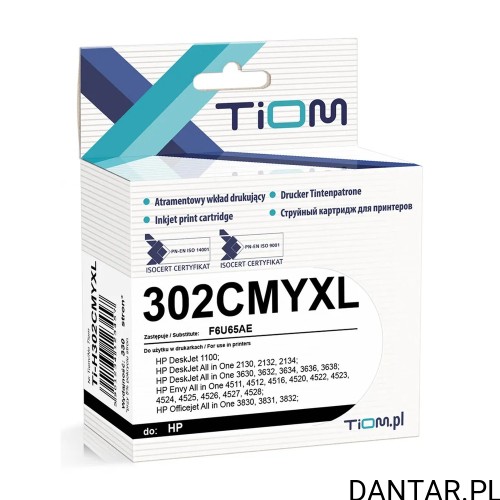 Pudełko trójkolorowego tuszu Tiom Ti-H302CMYXL, zamiennik HP 302XL F6U67AE