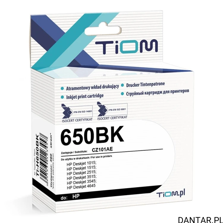 Opakowanie czarnego tuszu Tiom Ti-H650BK z oznaczeniem 650BK i CZ101AE