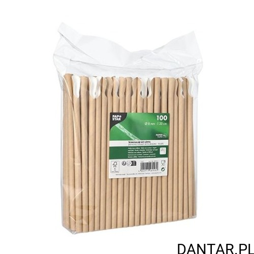 Jedno opakowanie 100 brązowych rurek z łyżeczką Papstar 89903, 8 mm x 20 cm