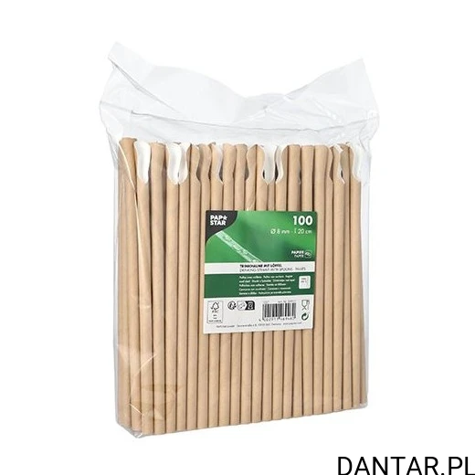 Jedno opakowanie 100 brązowych rurek z łyżeczką Papstar 89903, 8 mm x 20 cm
