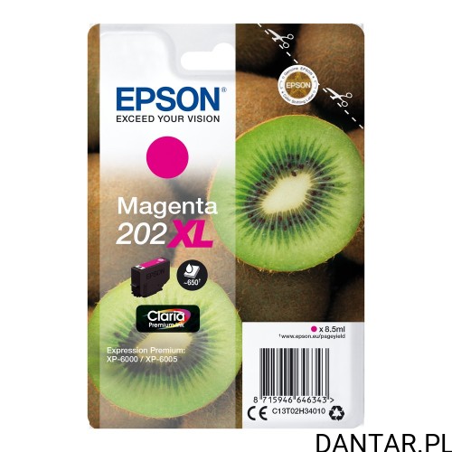 Przód pojedynczego opakowania Epson202XL Kiwi,magenta,8,5ml