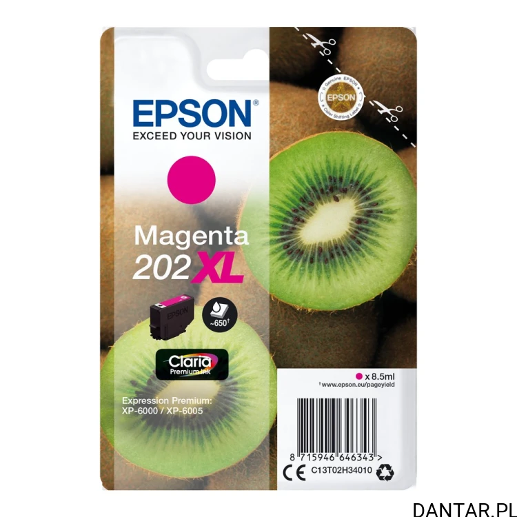 Przód pojedynczego opakowania Epson202XL Kiwi,magenta,8,5ml