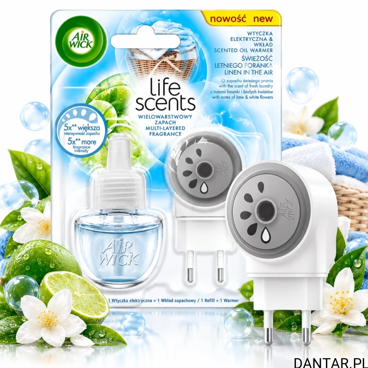 Air Wick Linen in the Air, wtyczka i buteleczka wkładu w opakowaniu